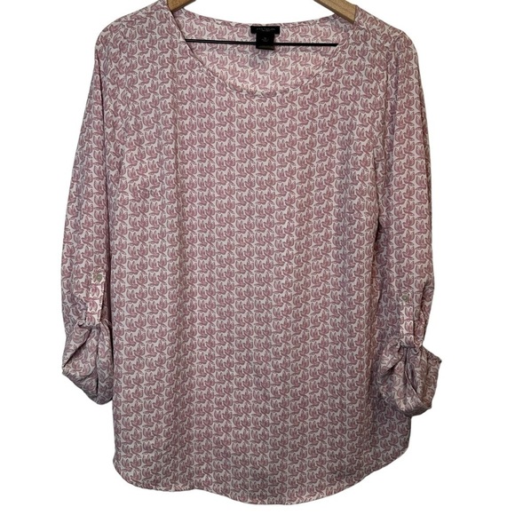 Ann Taylor Long-sleeve Mauve Pink Cream Bird Print Flowy Blouse Size Medium - Picture 1 of 9